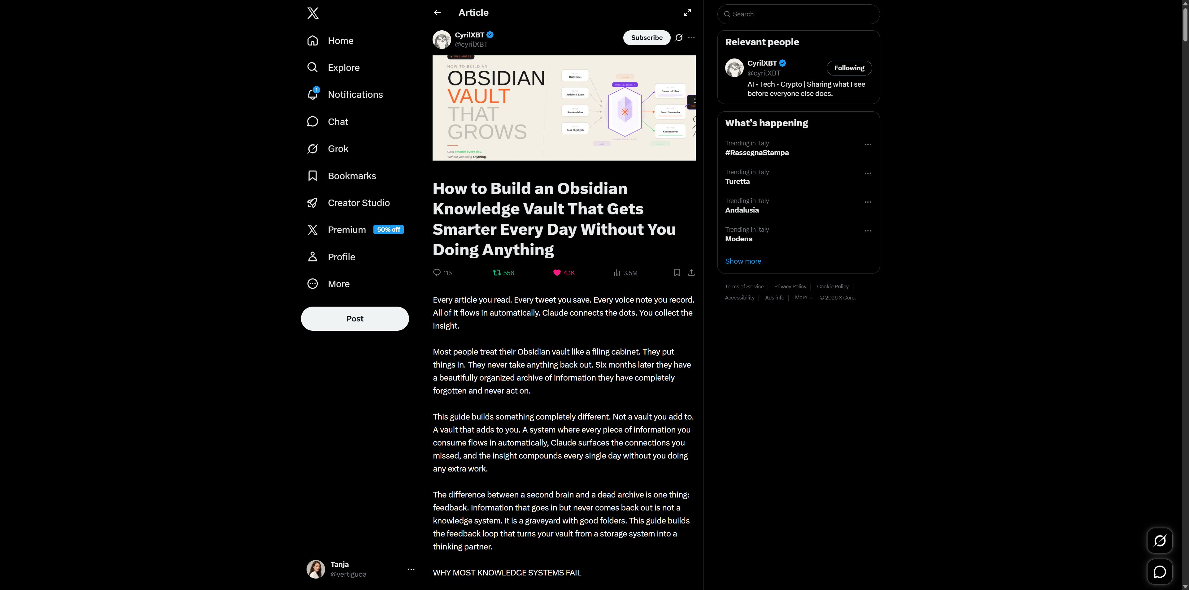 (1) CyrilXBT on X: "How to Build an Obsidian Knowledge Vault That Gets Smarter Every Day Without You Doing Anything " / X