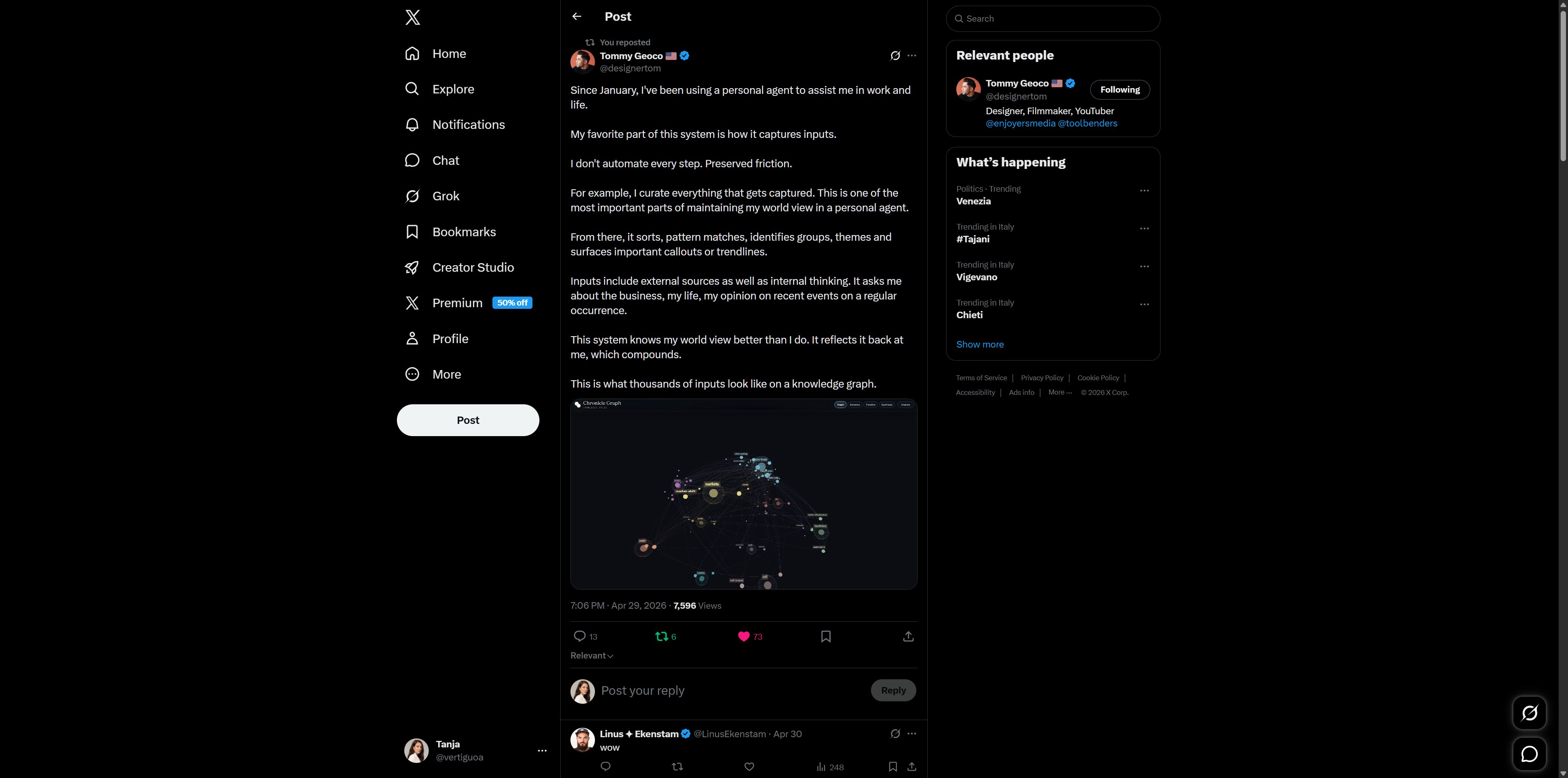 Tommy Geoco 🇺🇸 on X: "Since January, I've been using a personal agent to assist me in work and life.

My favorite part of this system is how it captures inputs. 

I don't automate every step. Preserved friction.

For example, I curate everything that gets captured. This is one of the most important https://t.co/q51tv2HzUR" / X