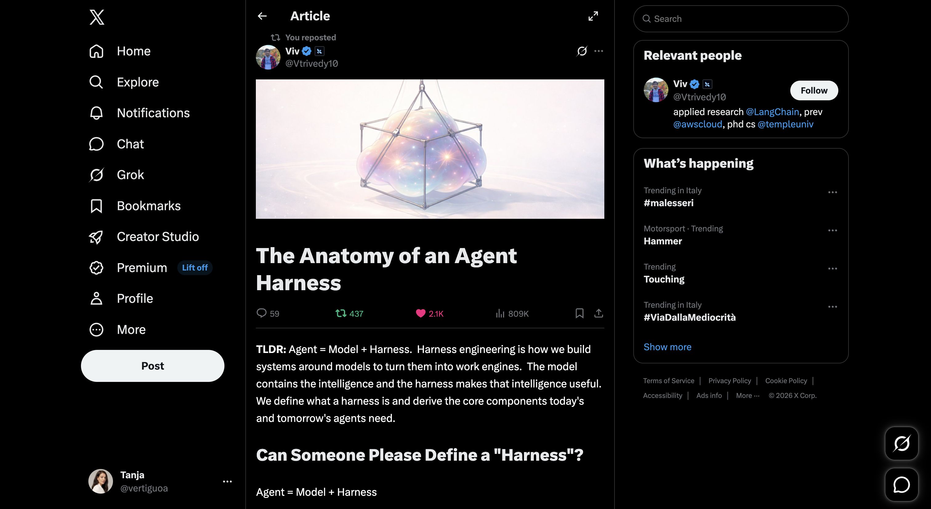 Viv on X: "The Anatomy of an Agent Harness" / X