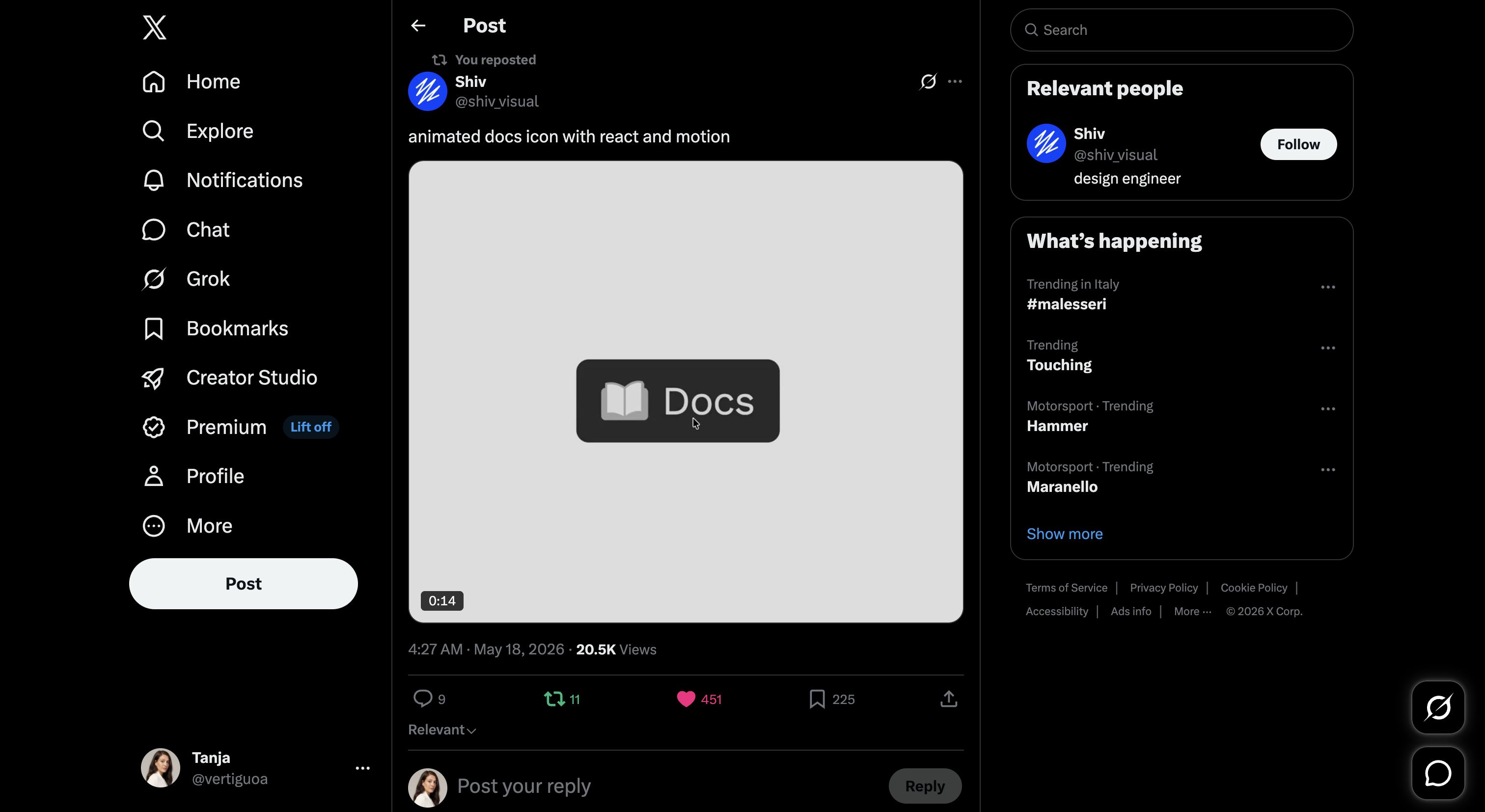 Shiv on X: "animated docs icon with react and motion https://t.co/7LqOZ7bXk2" / X