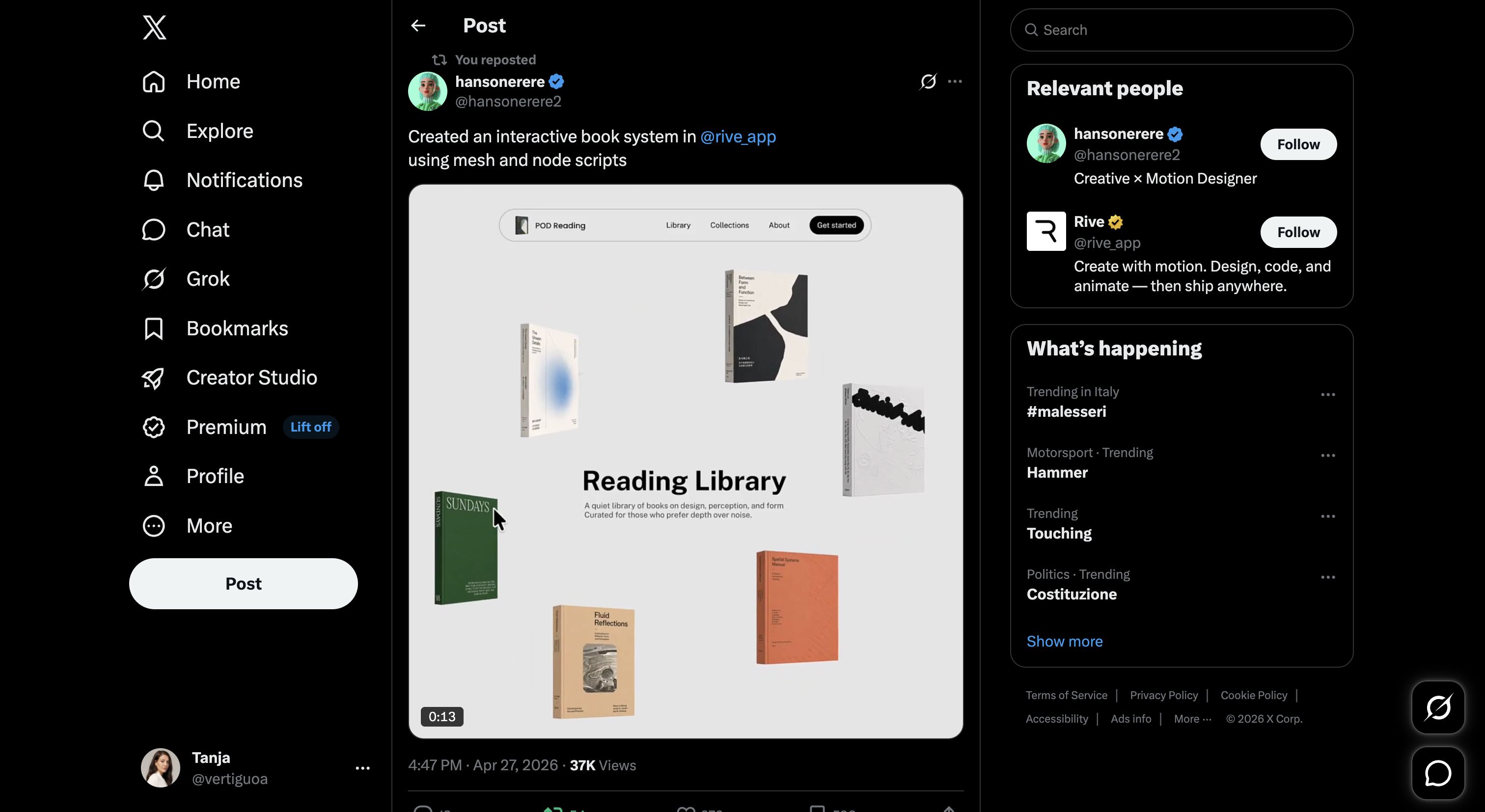 hansonerere on X: "Created an interactive book system in @rive_app 
using mesh and node scripts https://t.co/w7J6grQggF" / X