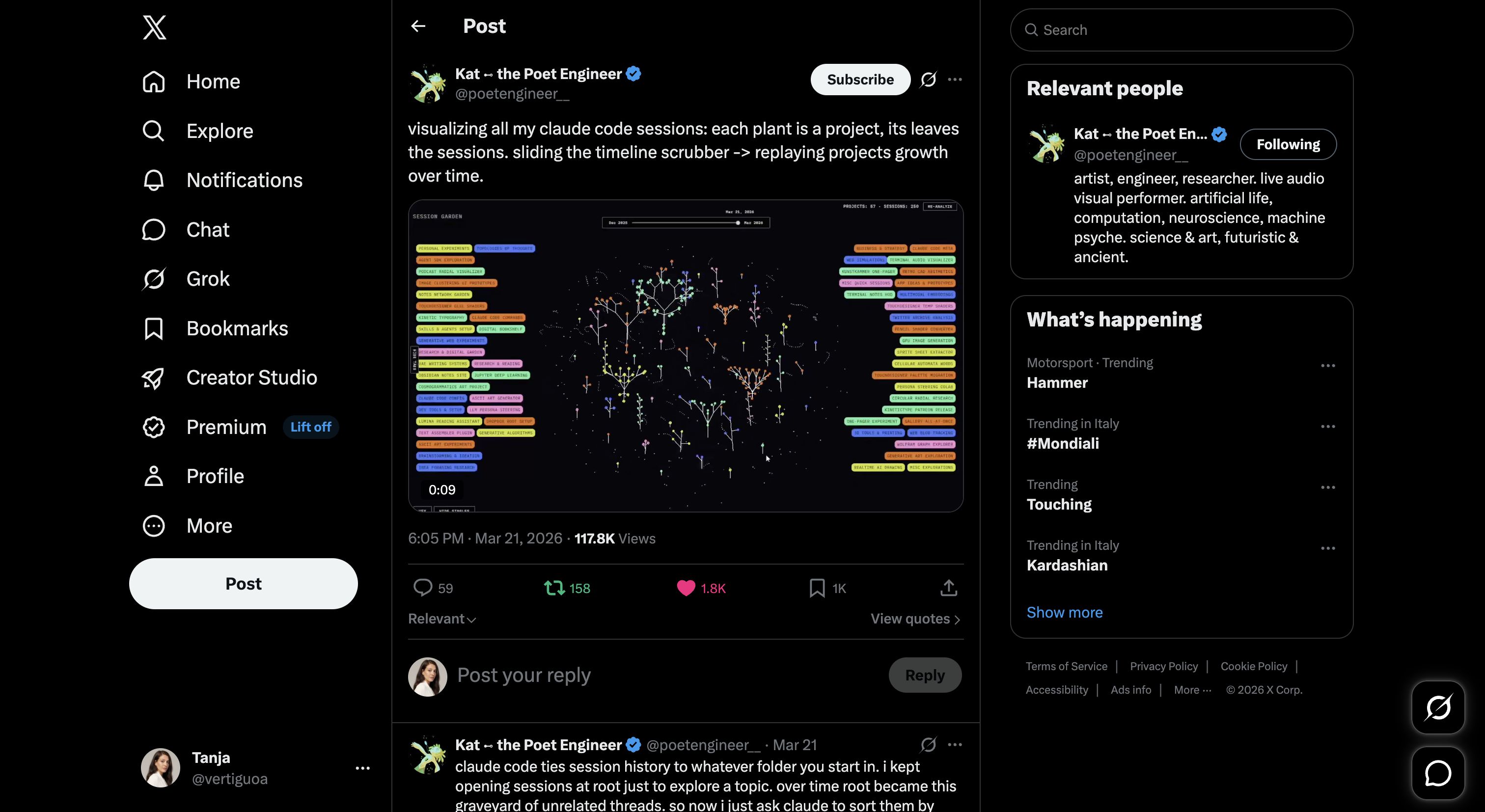 Kat ⊷ the Poet Engineer on X: "visualizing all my claude code sessions: each plant is a project, its leaves the sessions. sliding the timeline scrubber -> replaying projects growth over time. https://t.co/9EvI1LiW7m" / X