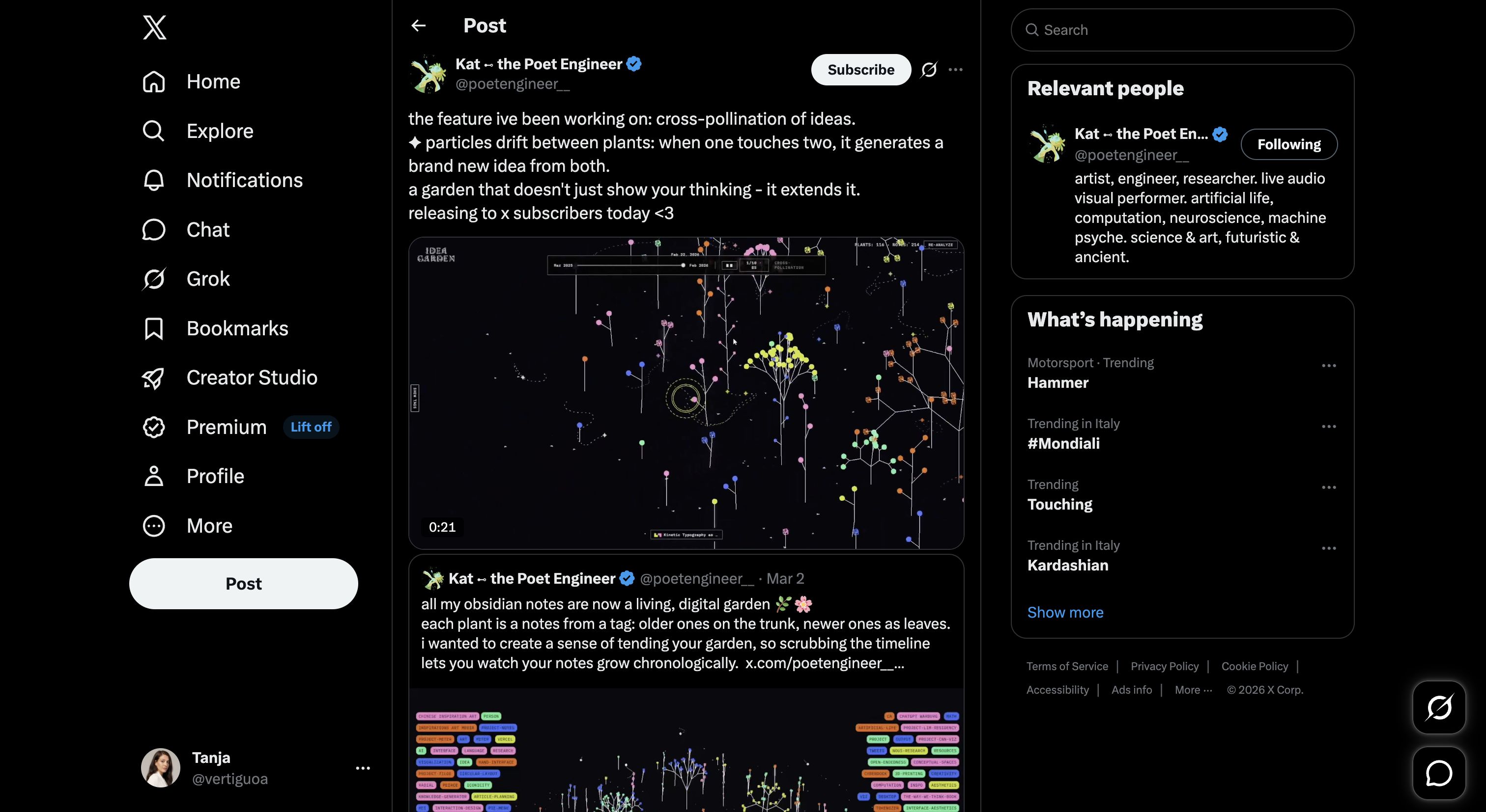 Kat ⊷ the Poet Engineer on X: "the feature ive been working on: cross-pollination of ideas.
✦ particles drift between plants: when one touches two, it generates a brand new idea from both.
a garden that doesn't just show your thinking - it extends it.
releasing to x subscribers today <3 https://t.co/fcccSaOqQW" / X