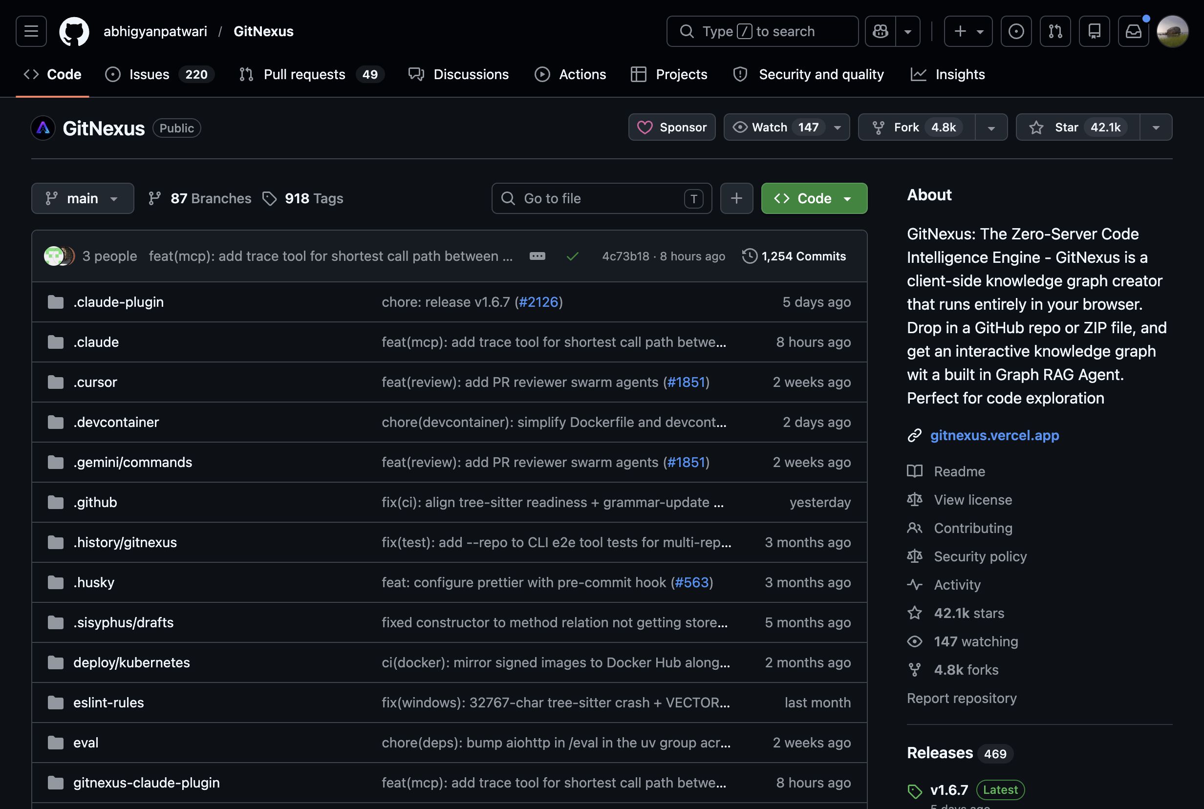 abhigyanpatwari/GitNexus: GitNexus: The Zero-Server Code Intelligence Engine -       GitNexus is a client-side knowledge graph creator that runs entirely in your browser. Drop in a GitHub repo or ZIP file, and get an interactive knowledge graph wit a built in Graph RAG Agent. Perfect for code exploration