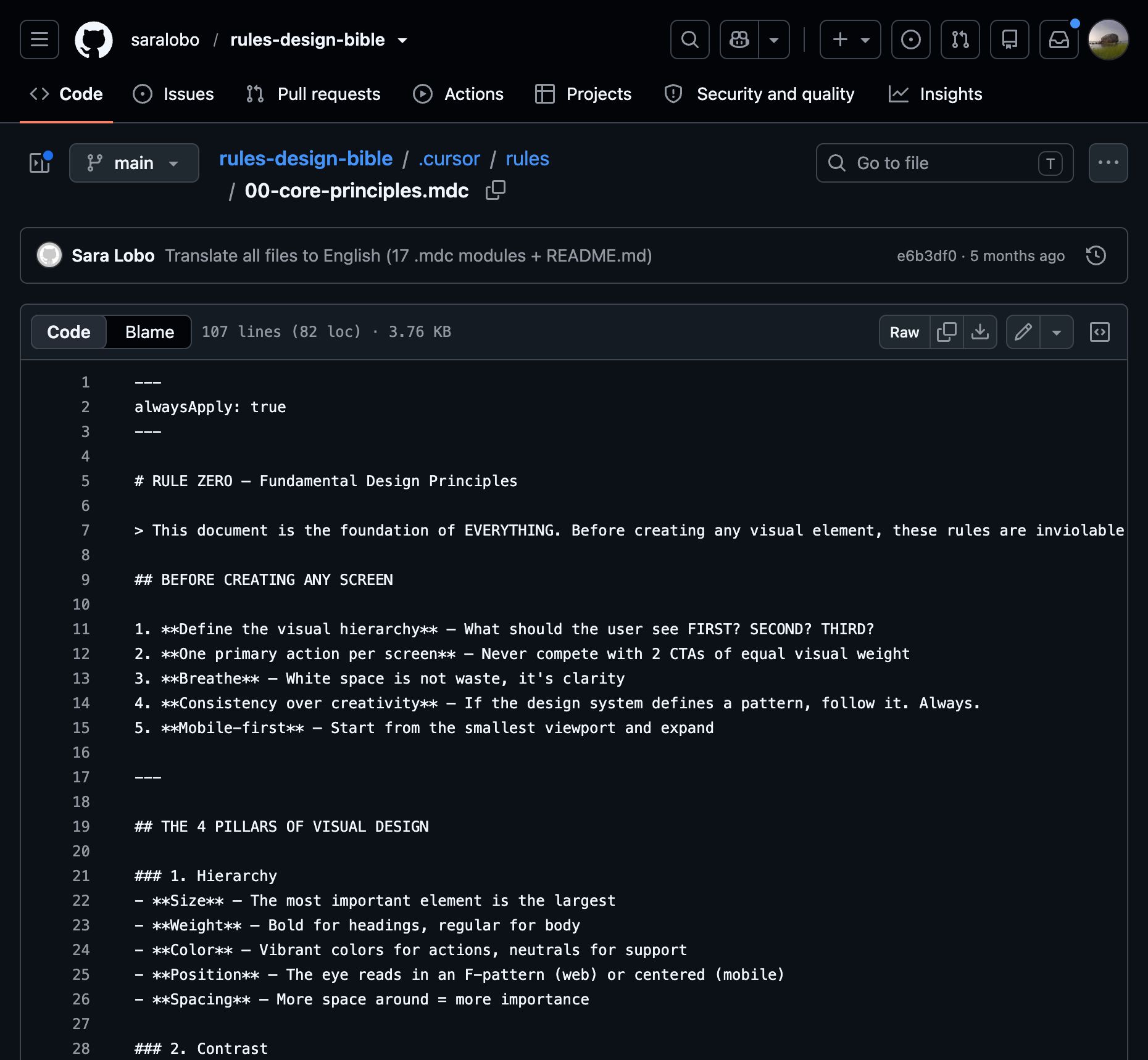 rules-design-bible/.cursor/rules/00-core-principles.mdc at main · saralobo/rules-design-bible