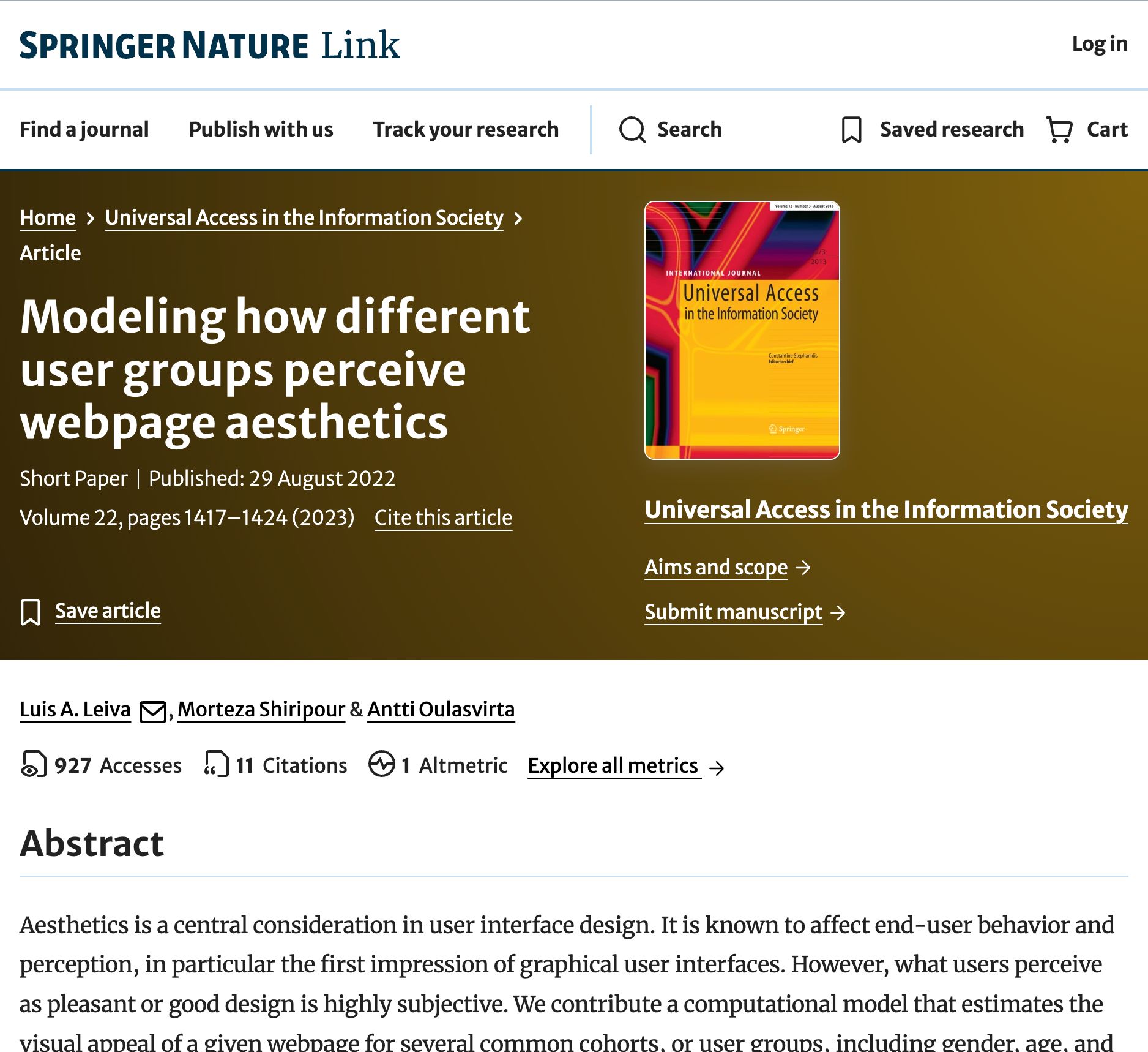 Modeling how different user groups perceive webpage aesthetics - Universal Access in the Information Society