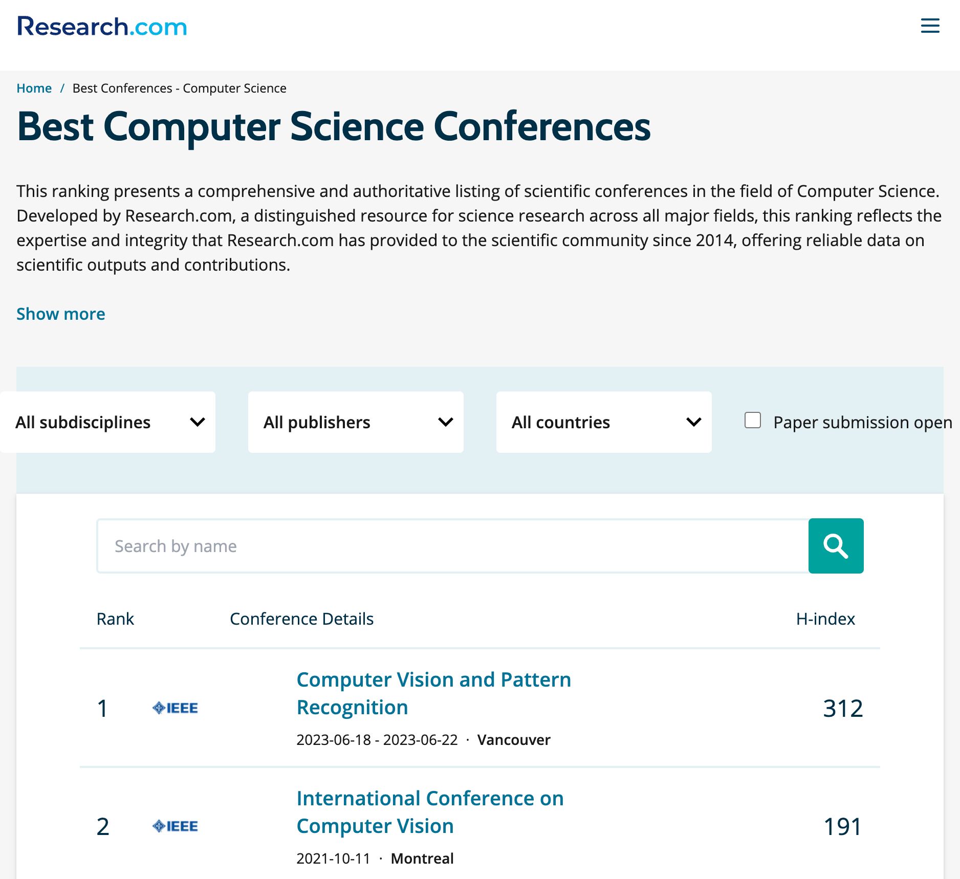 World's Best Computer Science Conferences: H-Index Computer Science Conferences Ranking 2026 | Research.com
