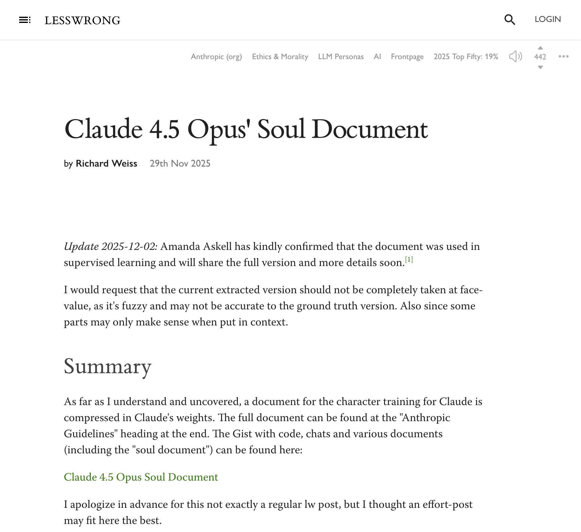 Claude 4.5 Opus' Soul Document — LessWrong