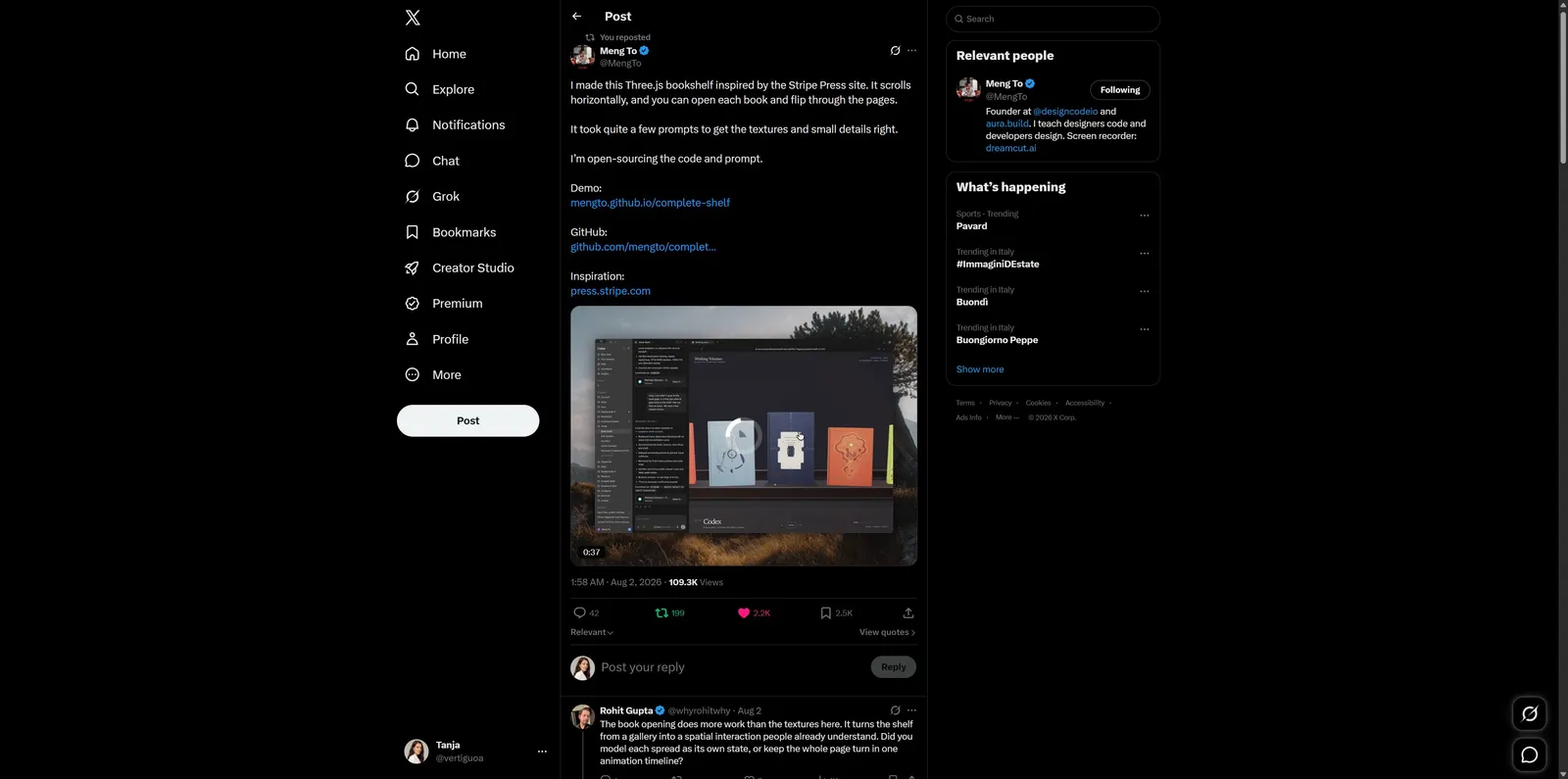 Meng To on X: "I made this Three.js bookshelf inspired by the Stripe Press site. It scrolls horizontally, and you can open each book and flip through the pages.
It took quite a few prompts to get the textures and small details right.
I’m open-sourcing the code and prompt.
Demo: https://t.co/mHtf5NIZya" / X